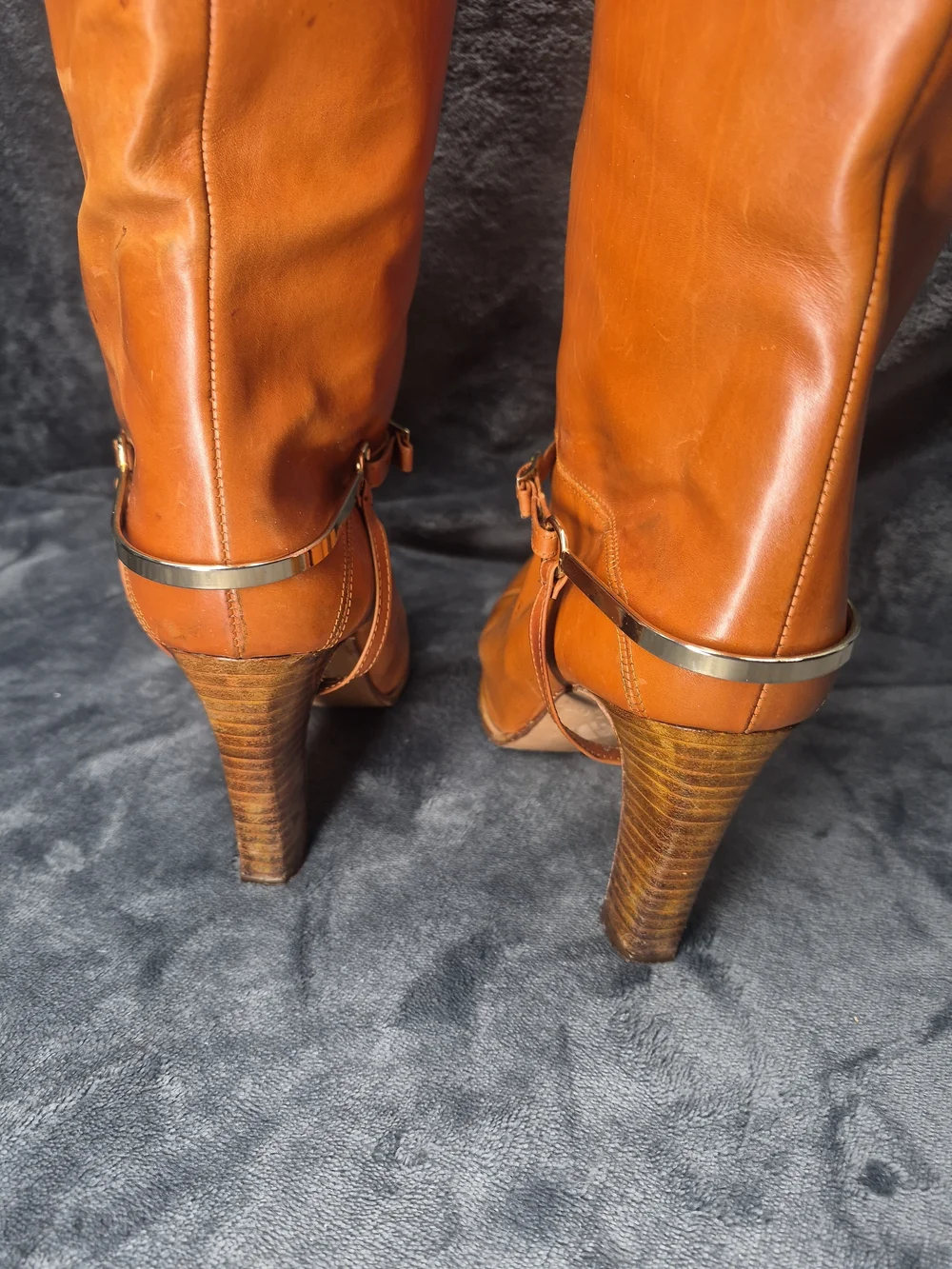 Vtg Cognac Brown Leather Classic Knee High Boots Ankle Strap Gold Tone 7.5